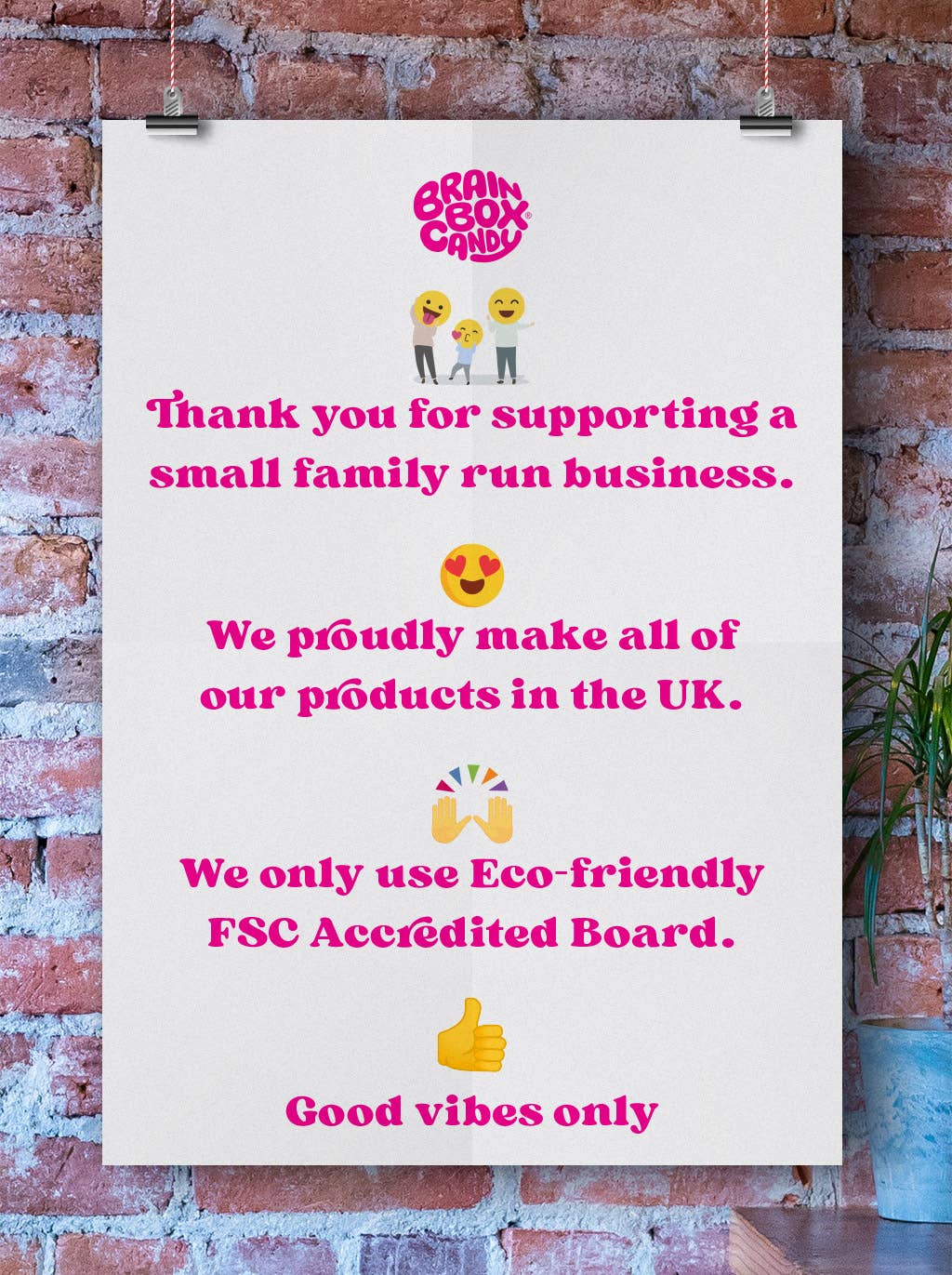 Poster with text and emojis on a brick wall background