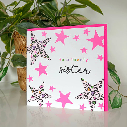 To a lovely Sister Leopard Print Stars Greeting Card