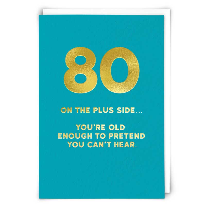 Blue card with gold text celebrating an 80th birthday