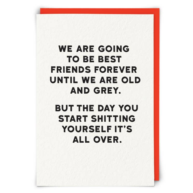 Card with humorous text about friendship on a white background with a red border