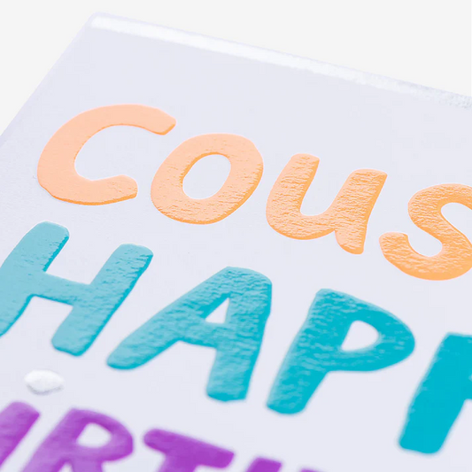 Colorful 'Happy Birthday' card with 'Cousin' text on a white background