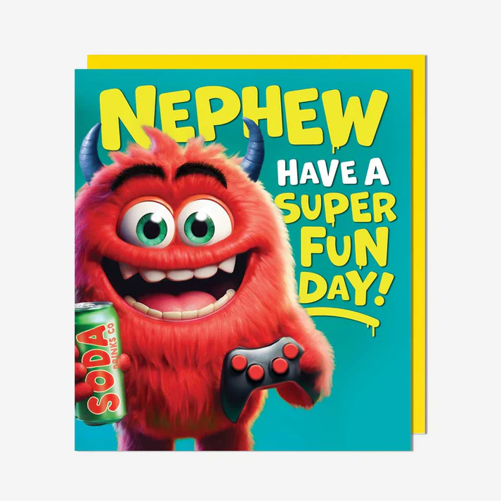 Card with a red cartoon character holding a soda can and game controller, text 'Nephew Have a Super Fun Day!' on a blue background.