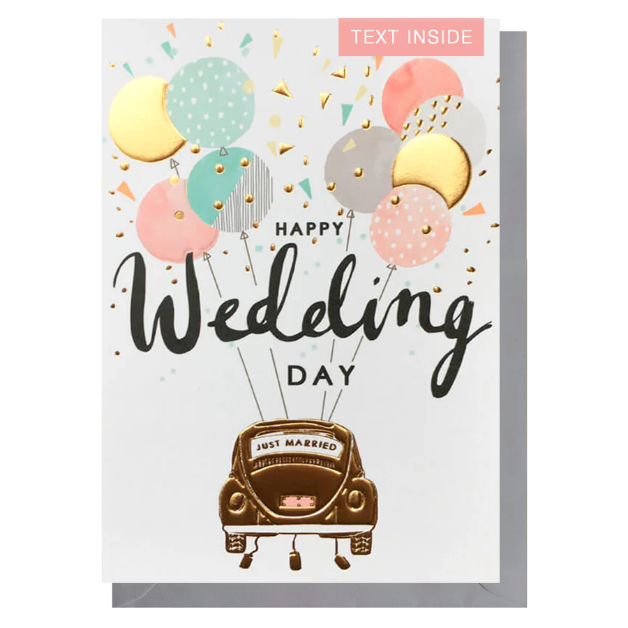 On your Wedding Day Car and Balloons with Gold Foil Car Greeting Card