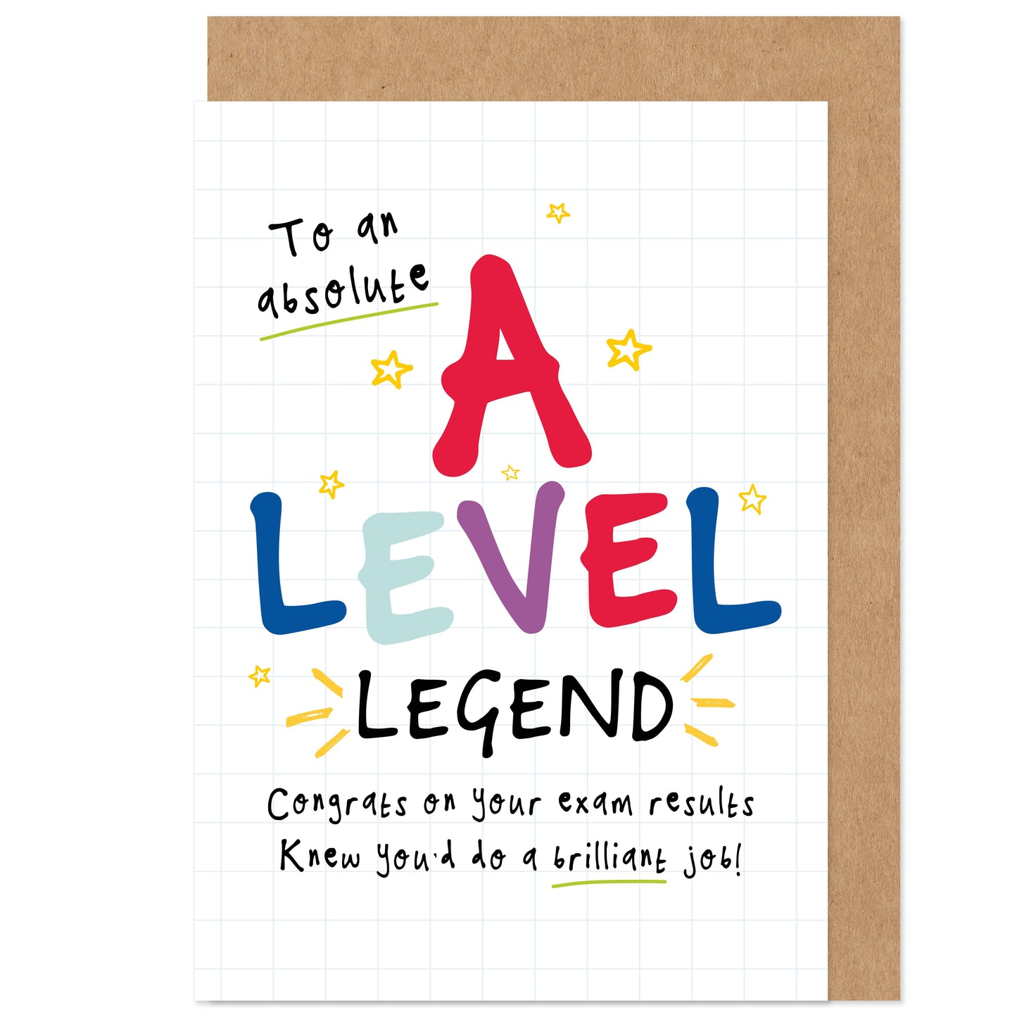 Greeting card with colorful text congratulating a Level Legend on exam results.