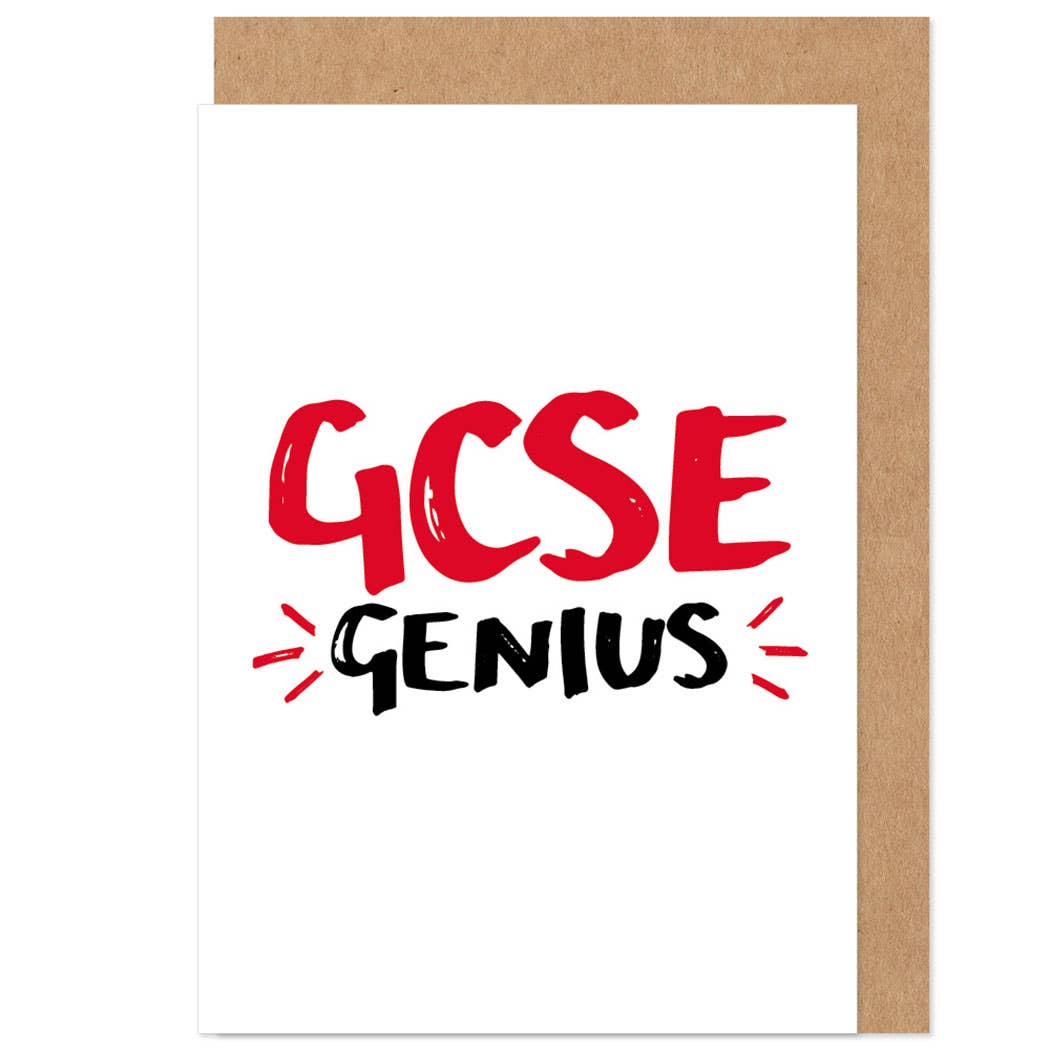 Card with 'GCSE Genius' text in red and black on a white background with a brown border