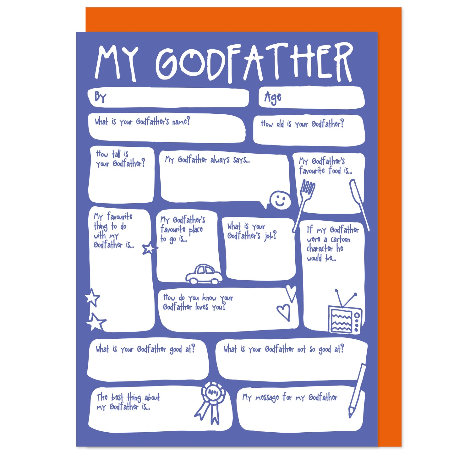 A colorful fill-in-the-blanks greeting card with a blue background and orange envelope. The card contains various questions for personalization and is titled 'MY GODFATHER'.