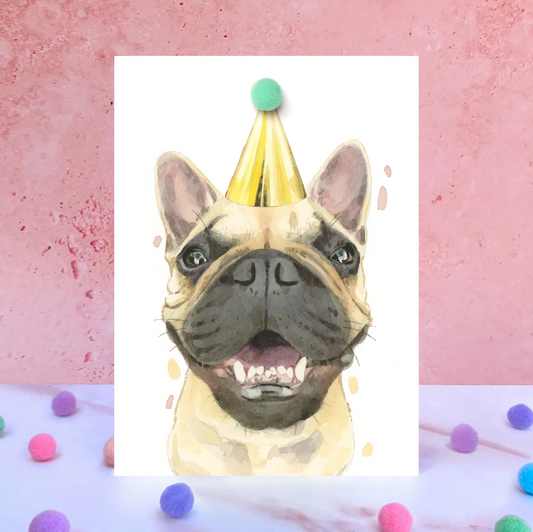 French Bulldog Smiling Party Hat Greeting Card