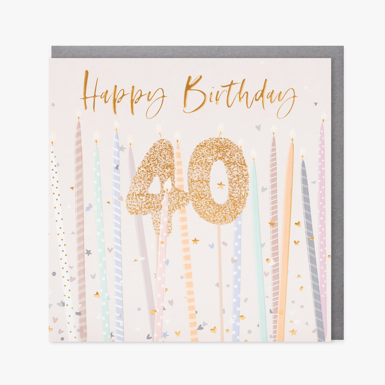 A cream card with tall candles and a gold 40 candle in the middle. Gold writing saying "Happy Birthday" is at the top. We can see a silver envelope inside.