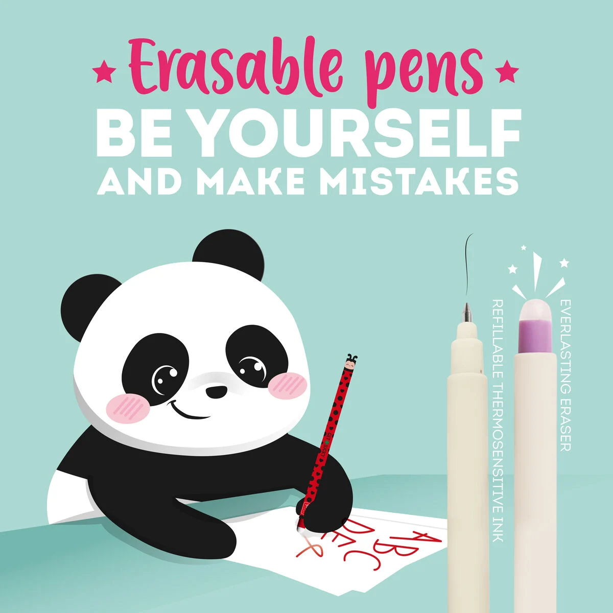 Erasable pens with a panda character and text on a light blue background