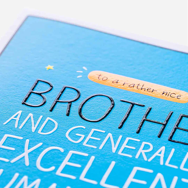 Blue card with text 'BROTHER AND GENERALLY EXCELLENT' on a white background