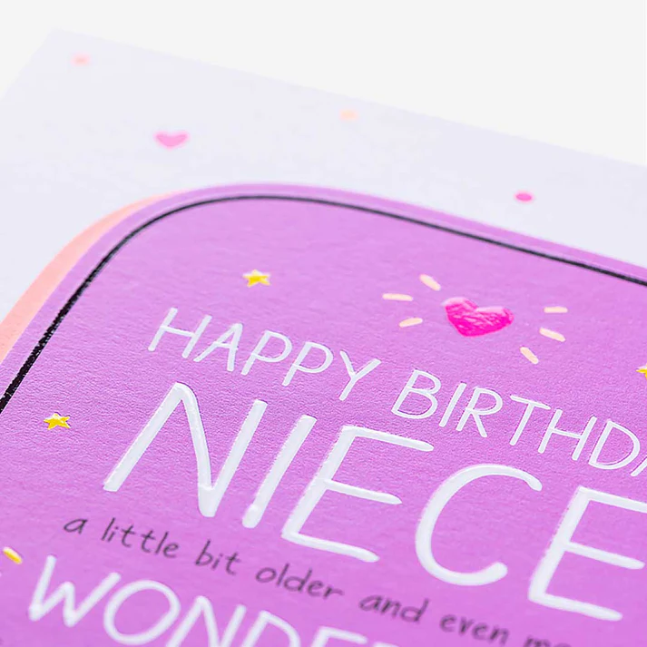 Purple birthday card for a niece with text on a white background