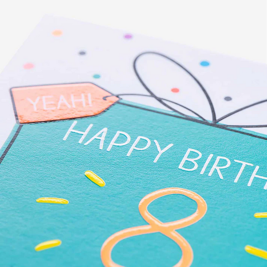 Happy Birthday card with number 8 and colorful text on a light blue background