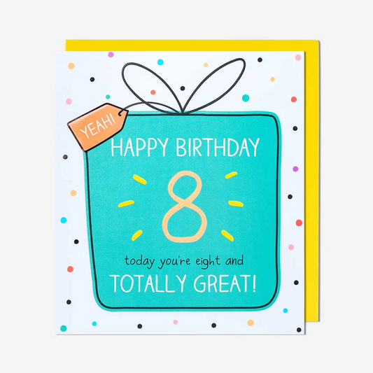 Birthday card with a blue present and yellow text on a white background