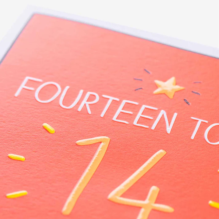 Card with 'FOURTEEN TO' and number '14' on a pink background