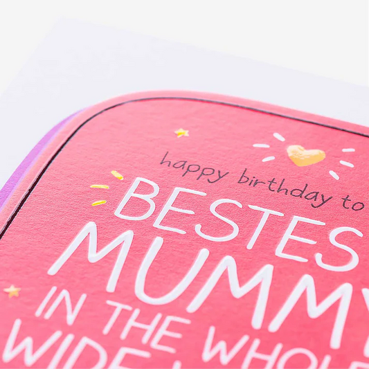 Pink card with 'Happy Birthday to Bestes Mummy in the Whole Wide World' text on a white background