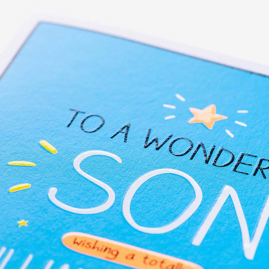 Greeting card with 'To a wonderful son' text on a blue background