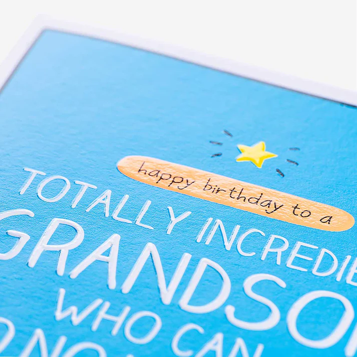 Blue birthday card with text for an incredible grandson