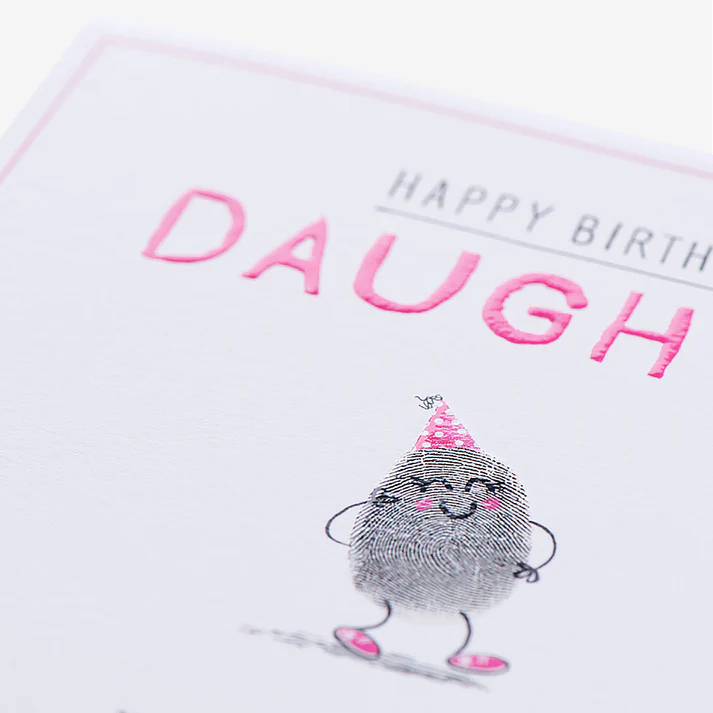 Greeting card with fingerprint design of a birthday cake and 'Happy Birthday Daughter' text.