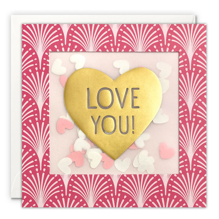 Love You Valentine's Paper Shakies Card with heart shaped confetti.