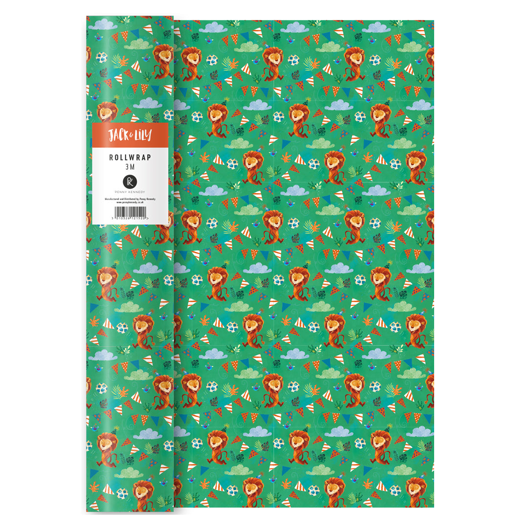 Roll of green wrapping paper with lion pattern and Jack & Lily branding.