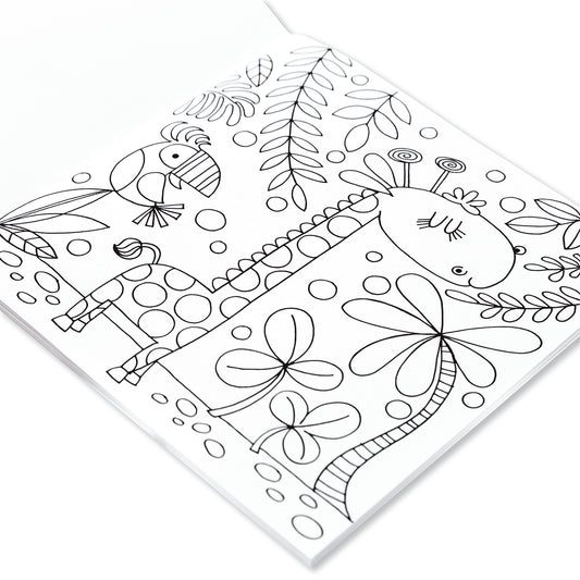A white colouring book page with giraffe, toucan and jungle plants.