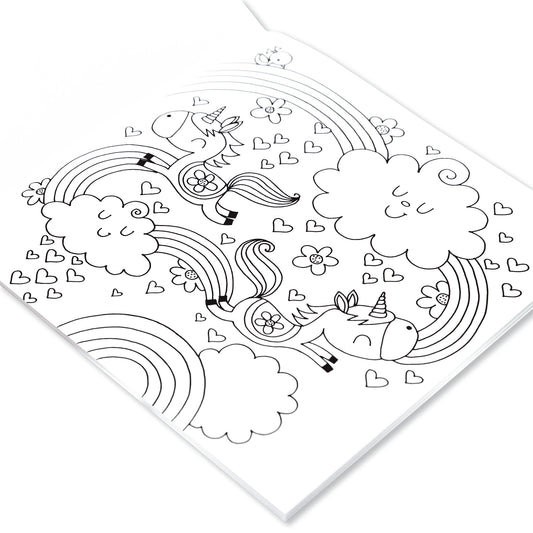 A white colouring book page with two unicorns, smiley clouds and rainbows.