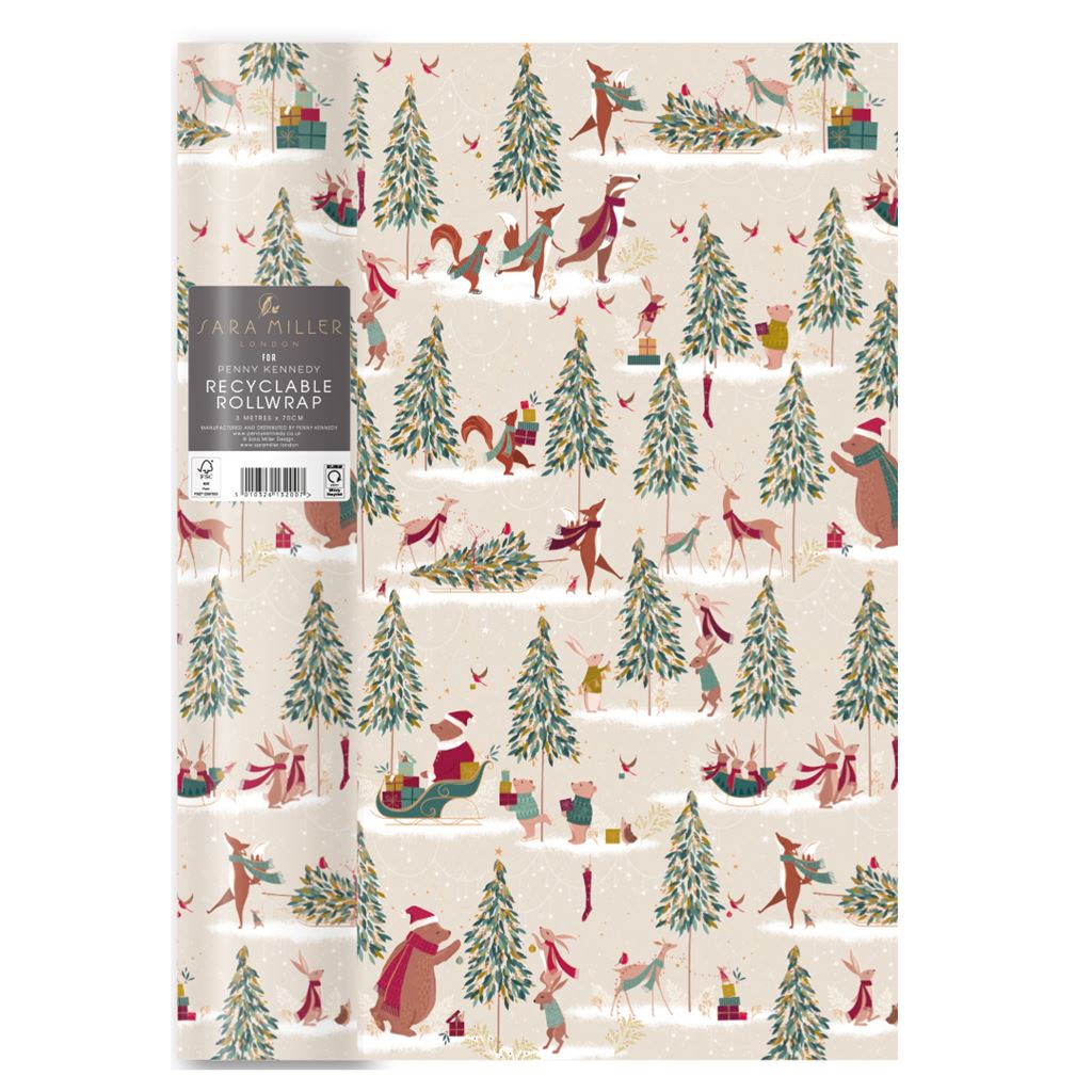 Roll of Christmas-themed wrapping paper with trees, reindeer, and Santa Claus on a white background.