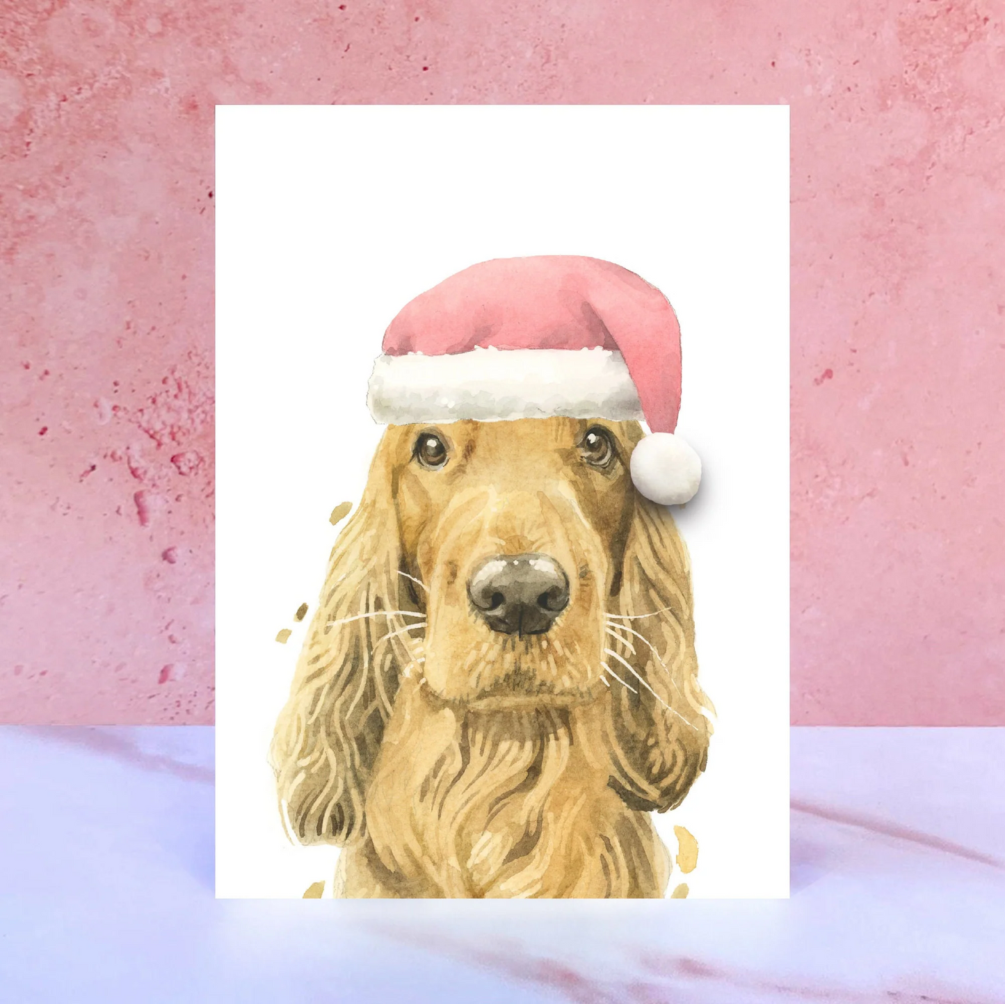 Golden/Ginger Cocker Spaniel Santa Hat Christmas Card