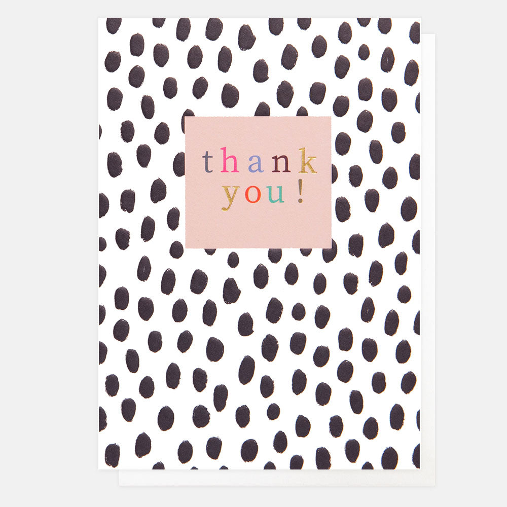 A white card with black leopard print and a pink box with multi-coloured "Thank you!"