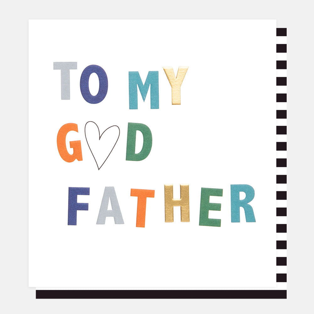 A white card with the words "To My Godfather" on it. The O in God is a black outlined heart. A stripey envelope can be seen.
