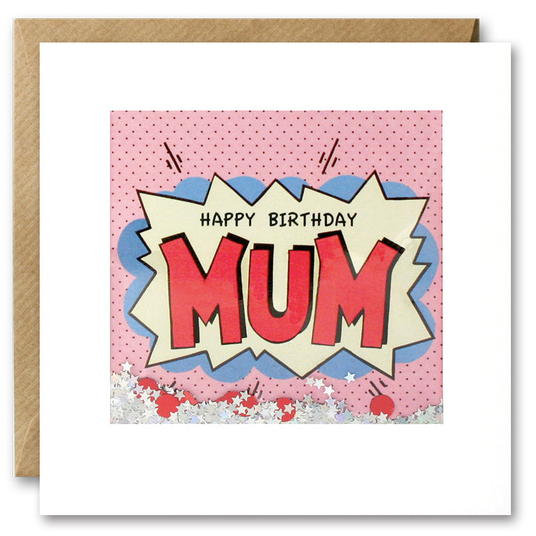 A white card on top of a Kraft envelope with a superhero style writing saying ‘Happy Birthday Mum’ on a white card with silver glitter.
