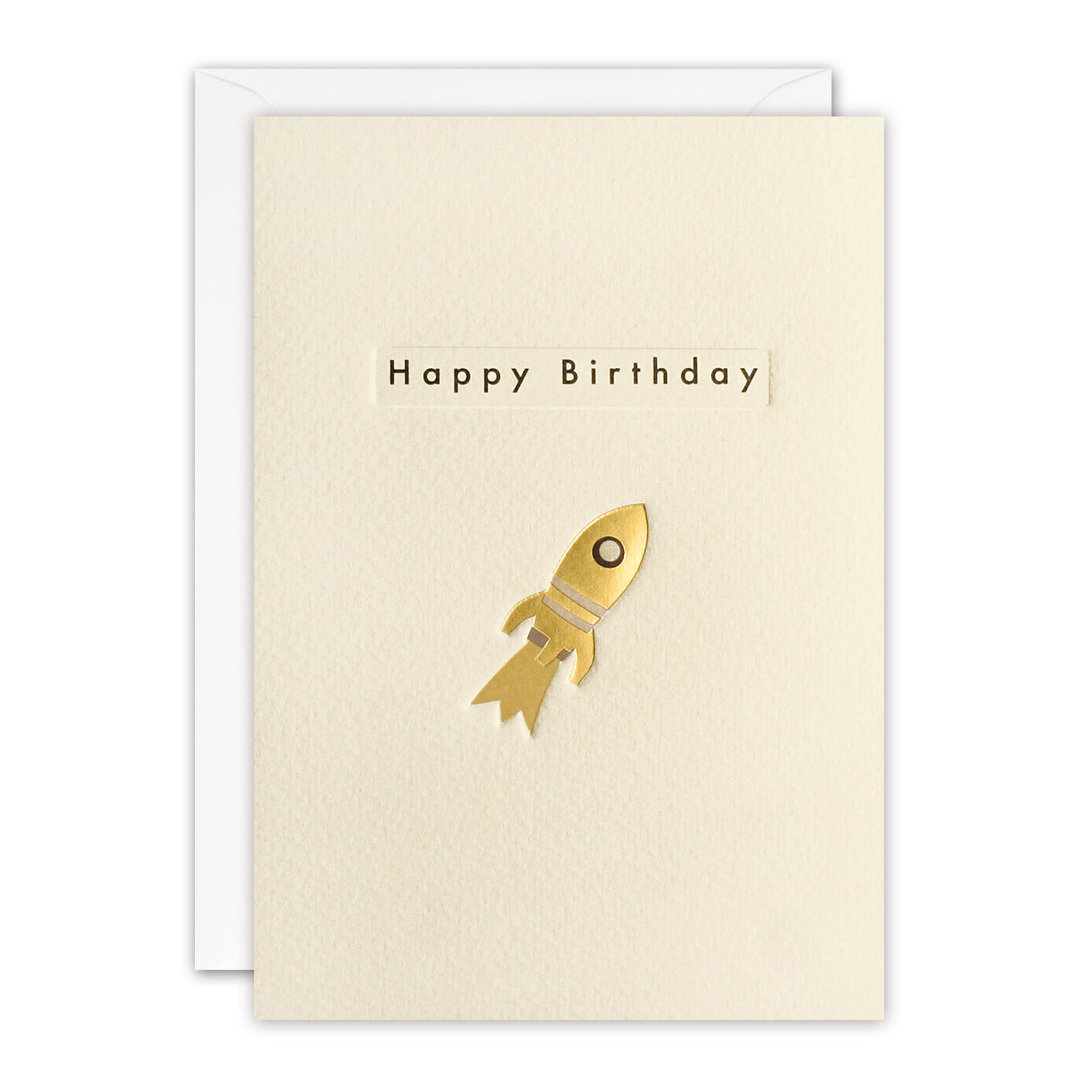 The Birthday Rocket Ingot Card by James Ellis Designs features gold foil "Happy Birthday" text and a space rocket illustration on cream card, with a matching white envelope behind it.