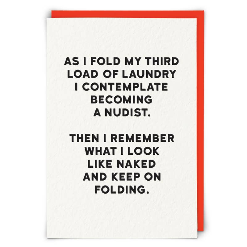 Card with humorous text about folding laundry and considering becoming a nudist.