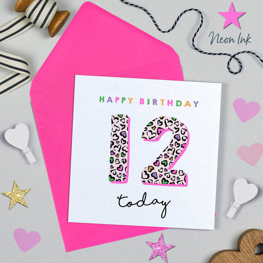 Birthday card with leopard print number '12' and 'Happy Birthday today' text on a pink envelope.