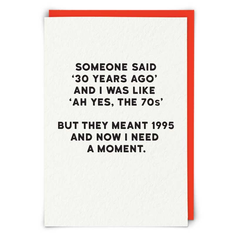 Card with humorous text about the 70s and the year 1995 on a white background with a red border.