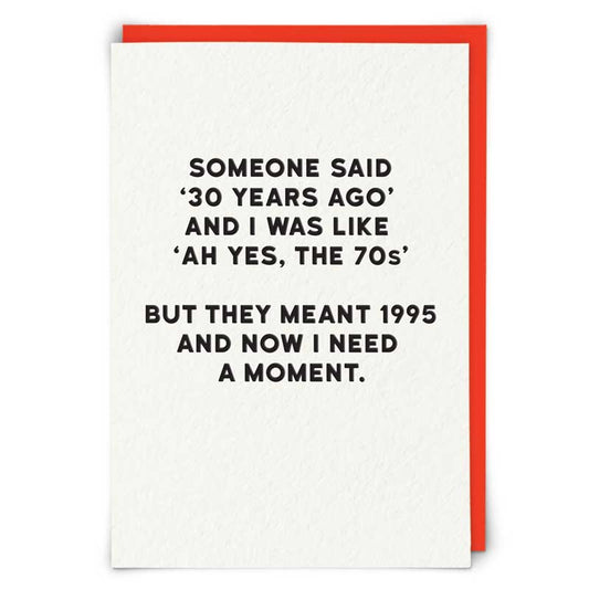 Card with humorous text about the 70s and the year 1995 on a white background with a red border.