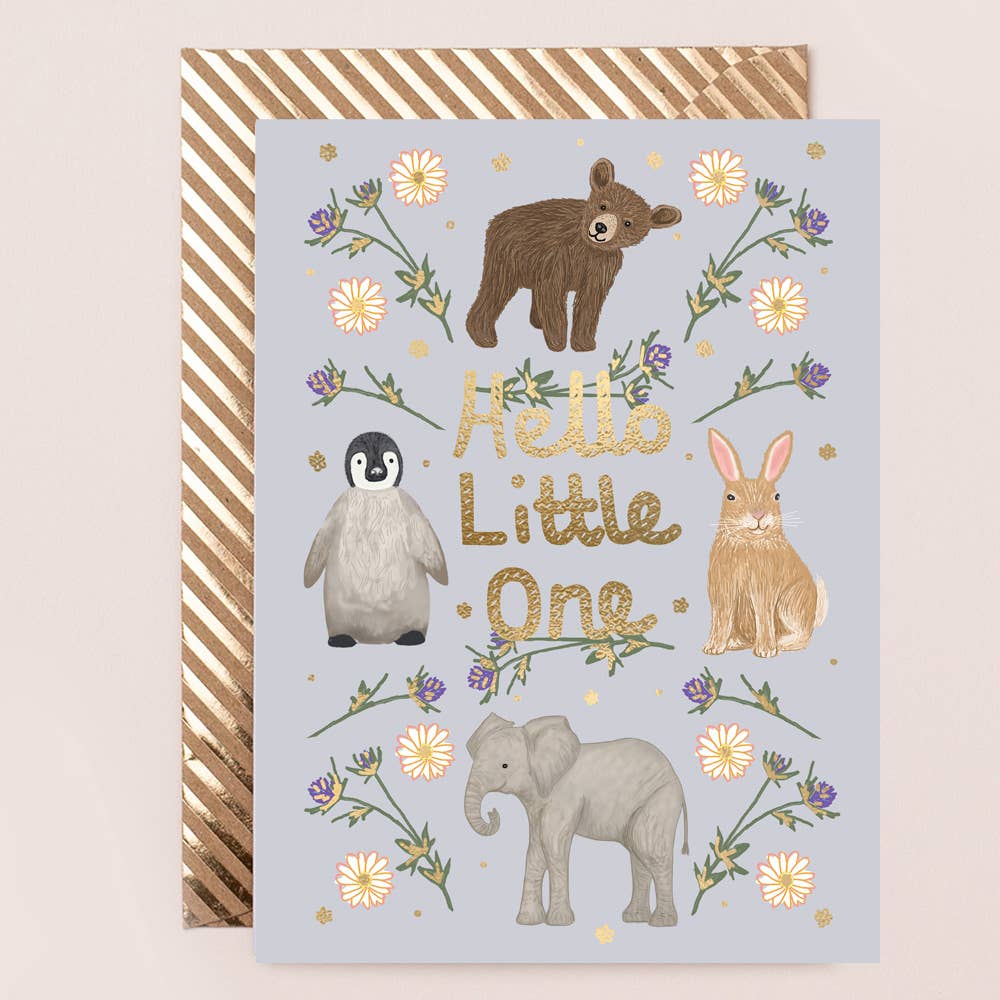 Gold Foiled New Baby Card featuring Animals