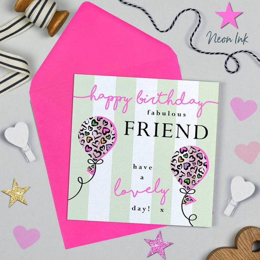 Birthday card for a friend with heart balloons and pink envelope on a decorative background