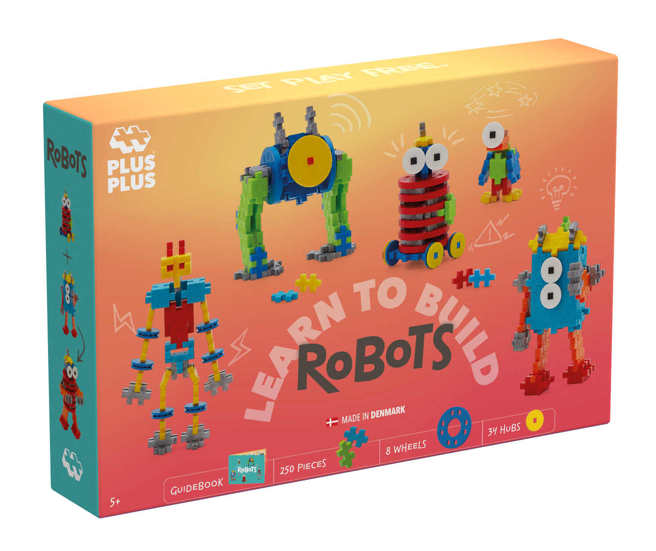 Colorful toy robot building set packaging with 'Plus Plus' branding on a white background.