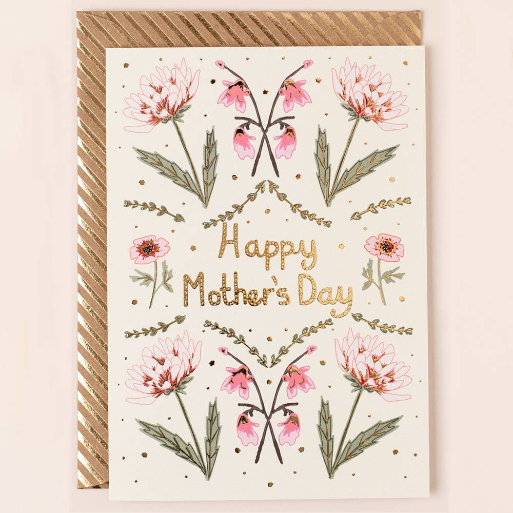 Mother's Day Card Pink Floral Repeat Gold Foiled