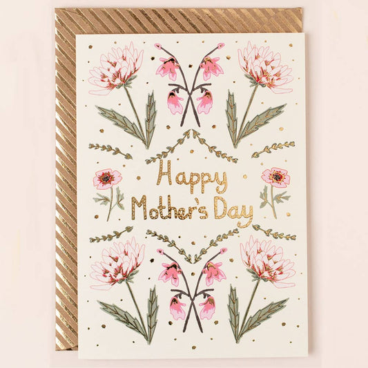Mother's Day Card Pink Floral Repeat Gold Foiled