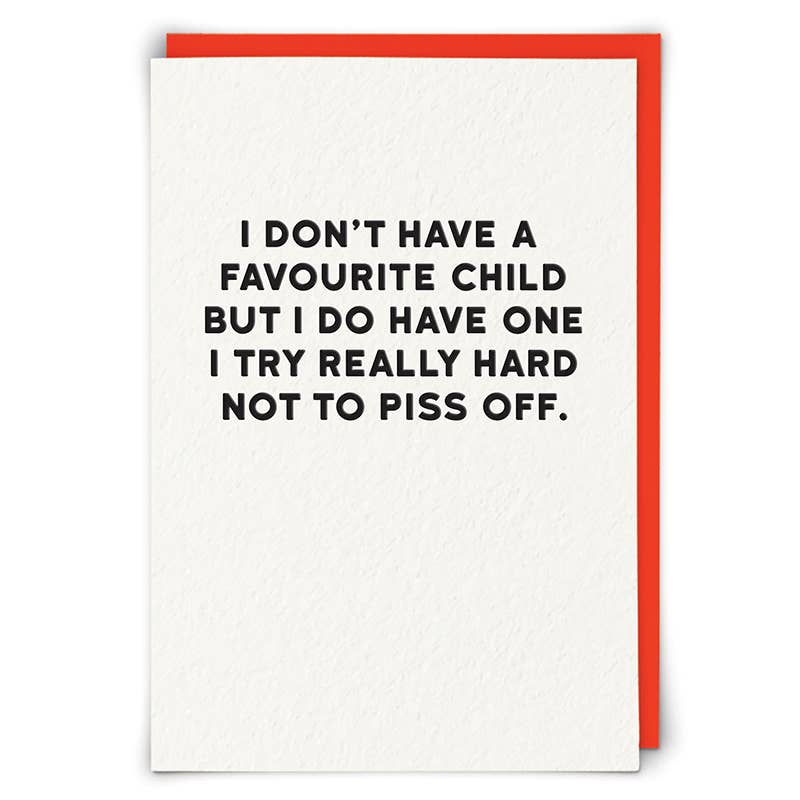 Card with humorous text about not having a favorite child on a white background with a red border.