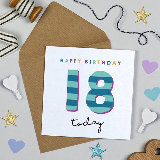 Birthday card with 'Happy Birthday 18 today' text on a white background with decorative items.