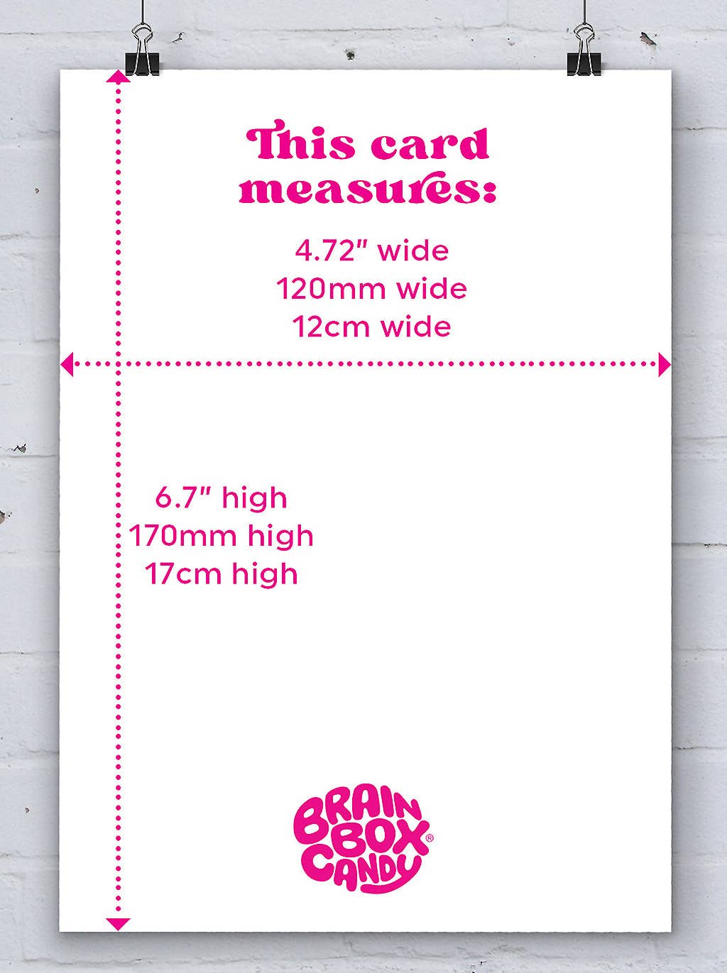 Measurement chart for a card with dimensions and Brain Box Candy branding on a white background.