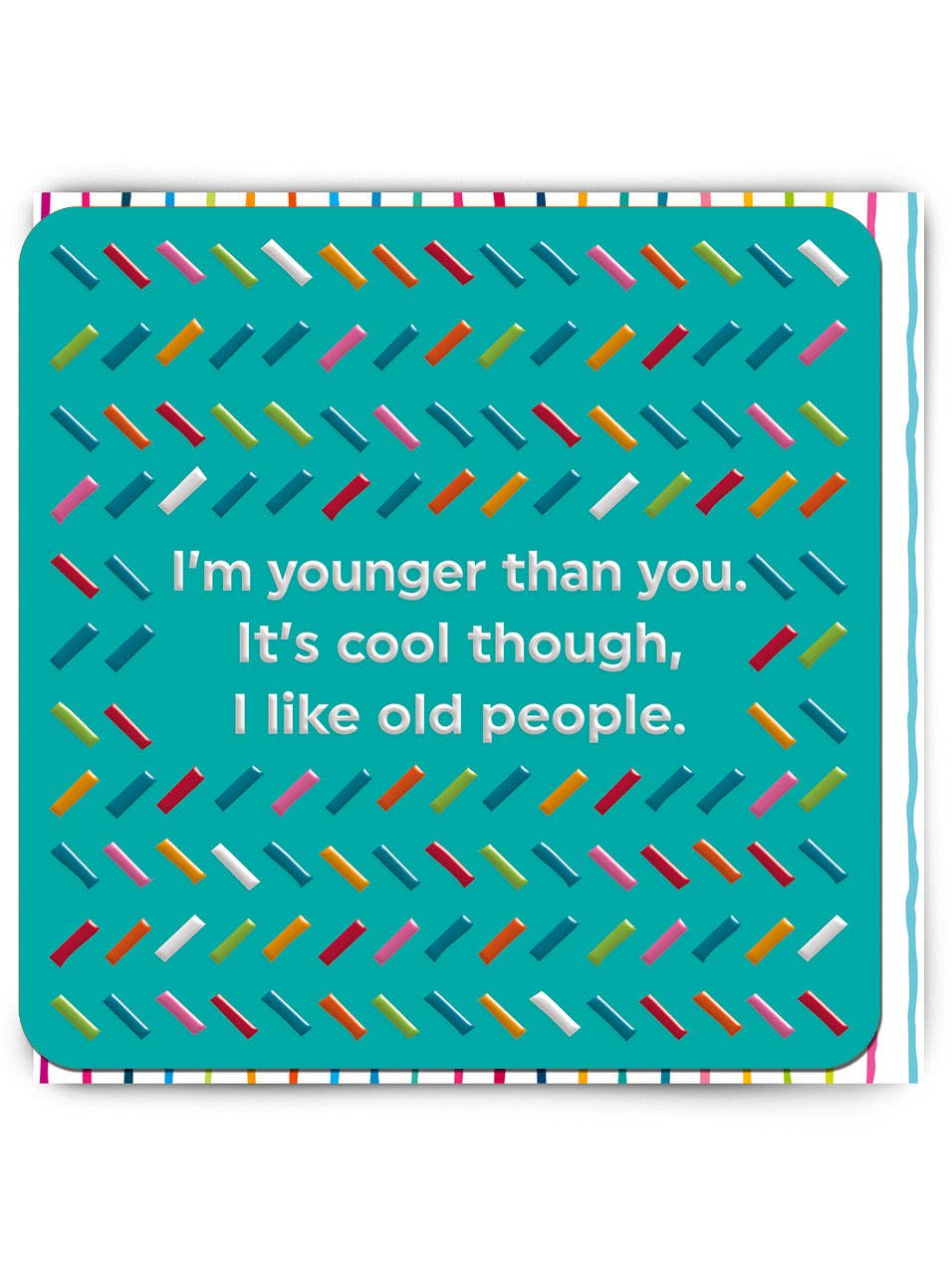 Card with colorful pattern and humorous text on a teal background