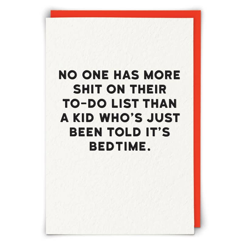 Card with humorous text on a white background with a red border