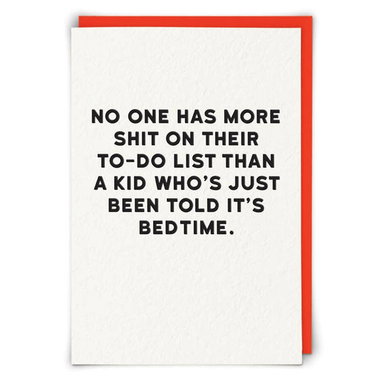 Card with humorous text on a white background with a red border