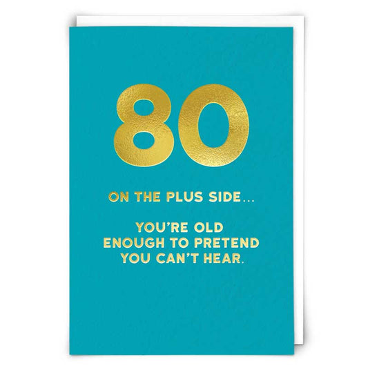 Blue card with gold text celebrating an 80th birthday