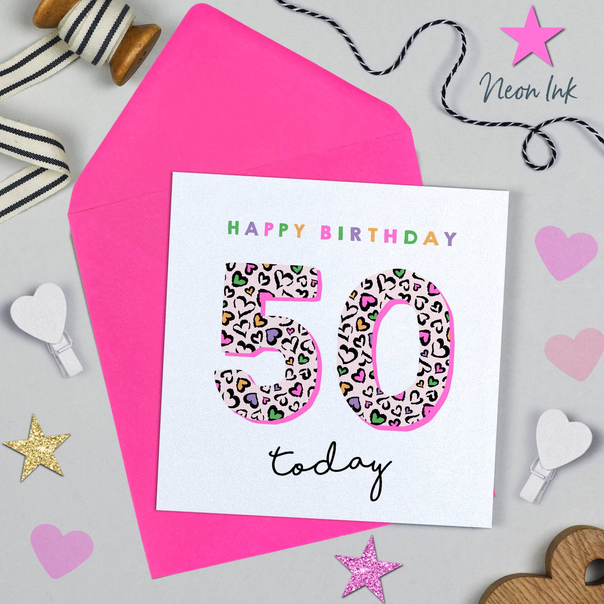 Happy Birthday 50 today card with pink leopard print numbers on a gray background with decorative items.