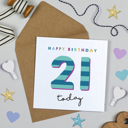 Happy Birthday 21 today card with decorative items on a light gray background